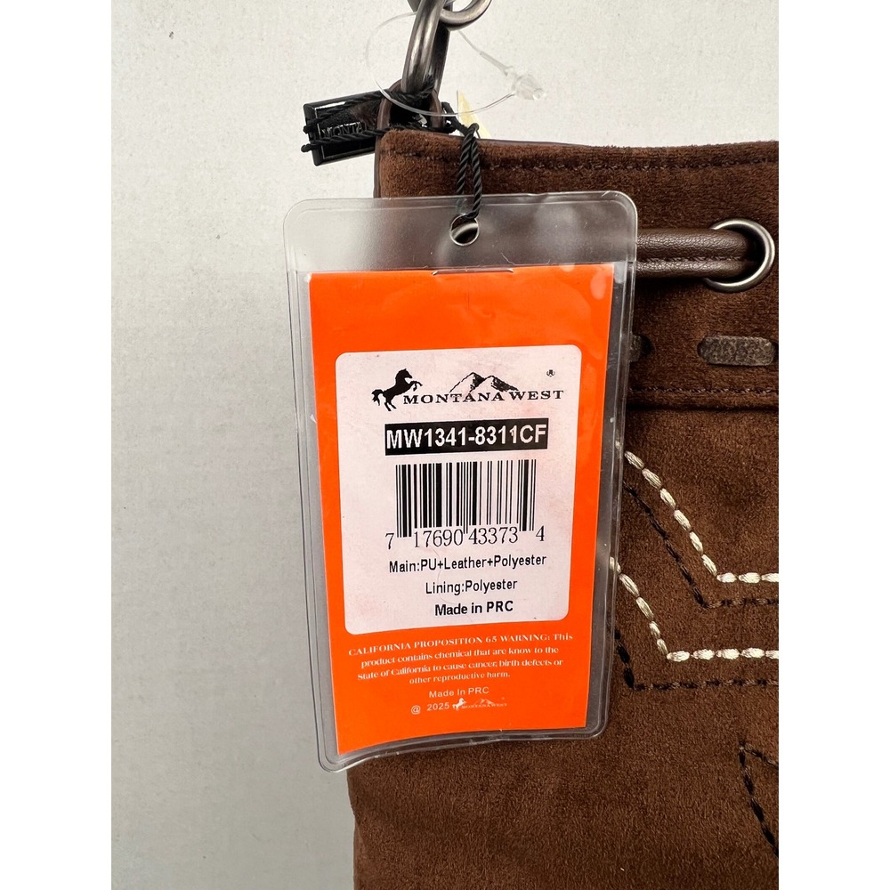 Montana West Brown Faux Suede Fringe Crossbody Bucket Bag Boot Stitch Hobo NWT - Picture 3 of 10
